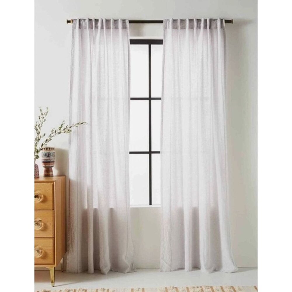 NWT Anthropologie Jazzy Linen Light Grey Curtain Edge Stitch 50" x 108" [jb]